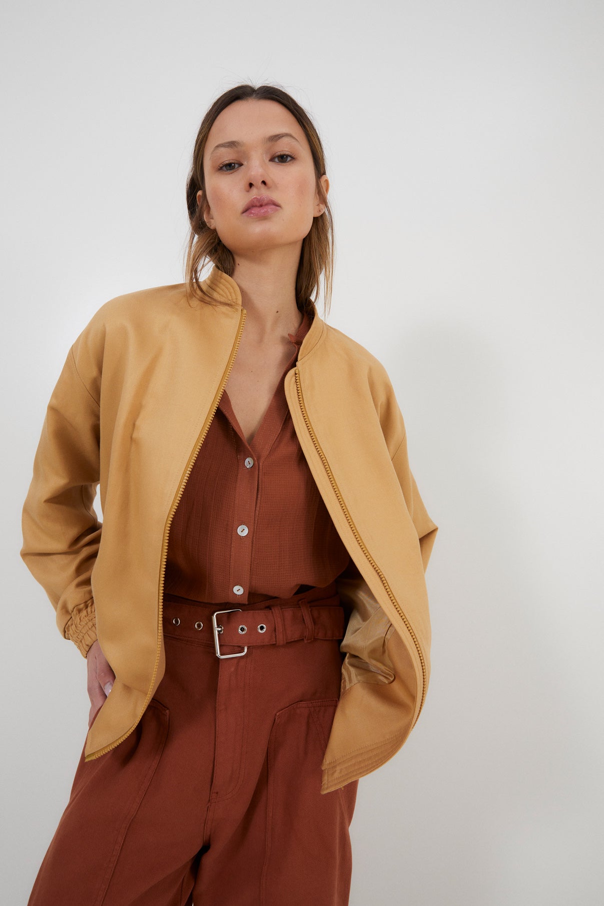 OCHRE LINEN BOMBER JACKET 