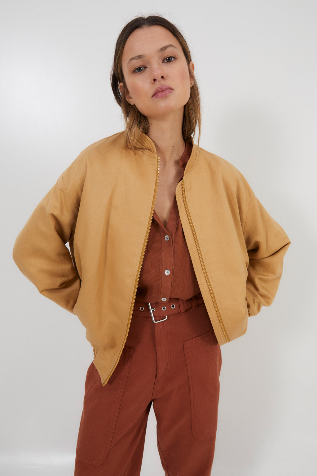 OCHRE LINEN BOMBER JACKET 