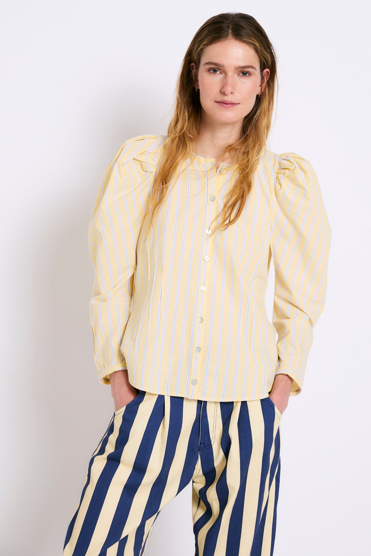 MIXED STRIPE LANTERN SLEEVE BLOUSE YELLOW