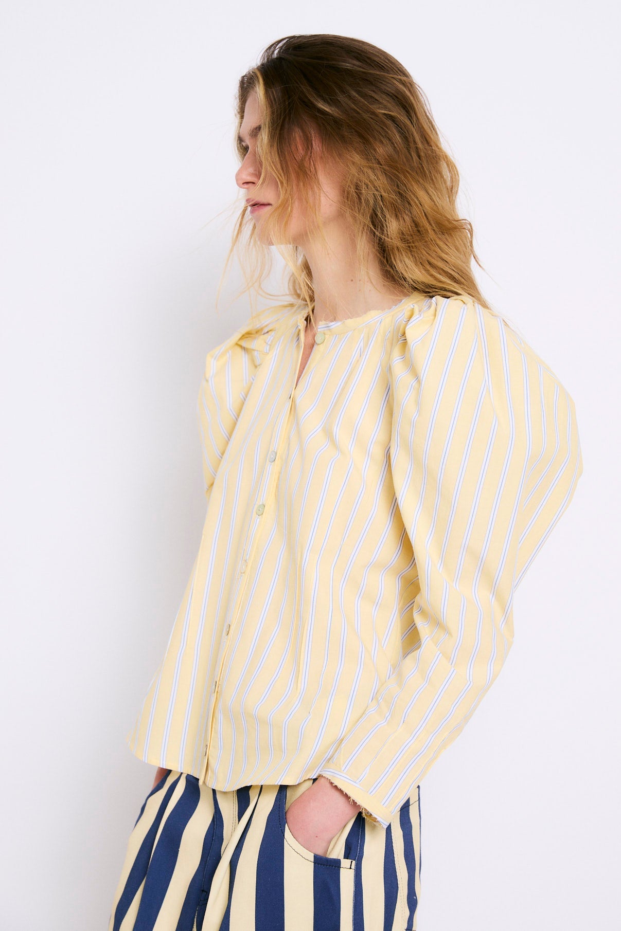 MIXED STRIPE LANTERN SLEEVE BLOUSE YELLOW