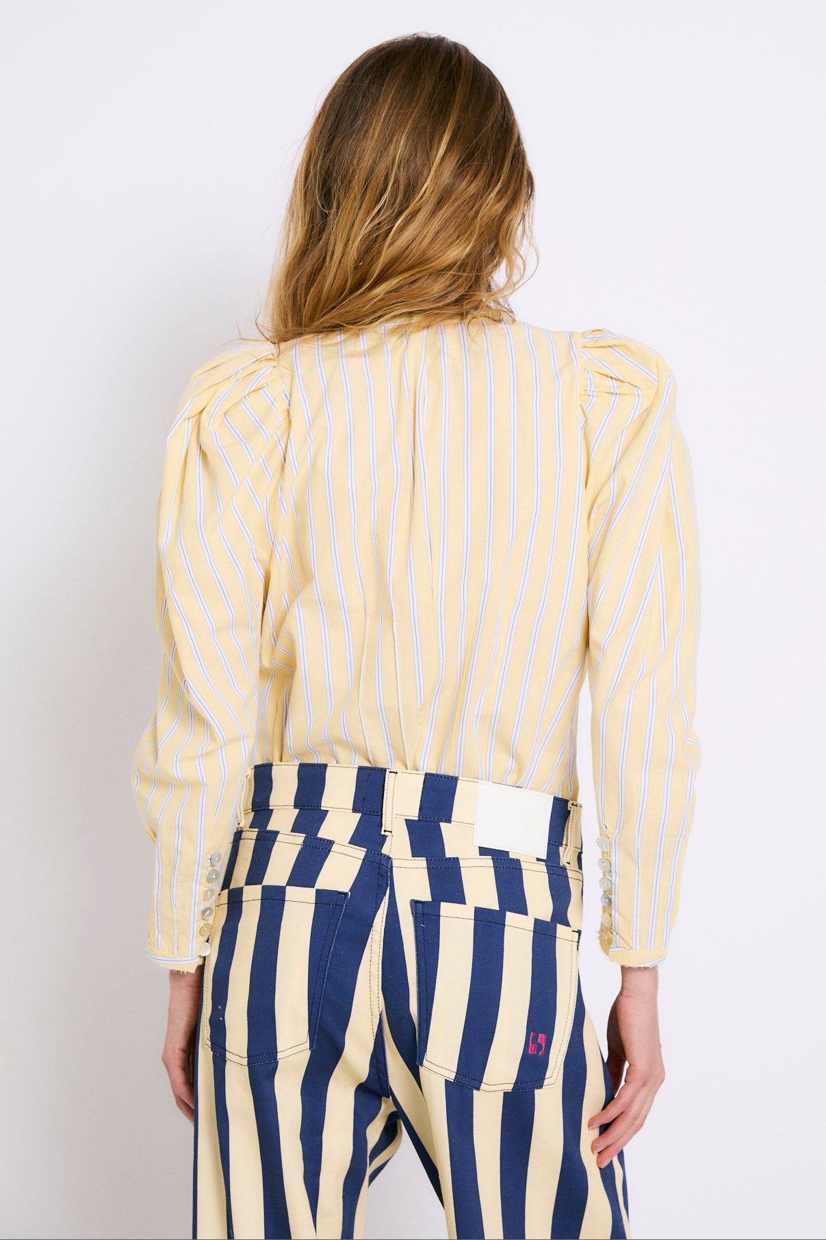 MIXED STRIPE LANTERN SLEEVE BLOUSE YELLOW