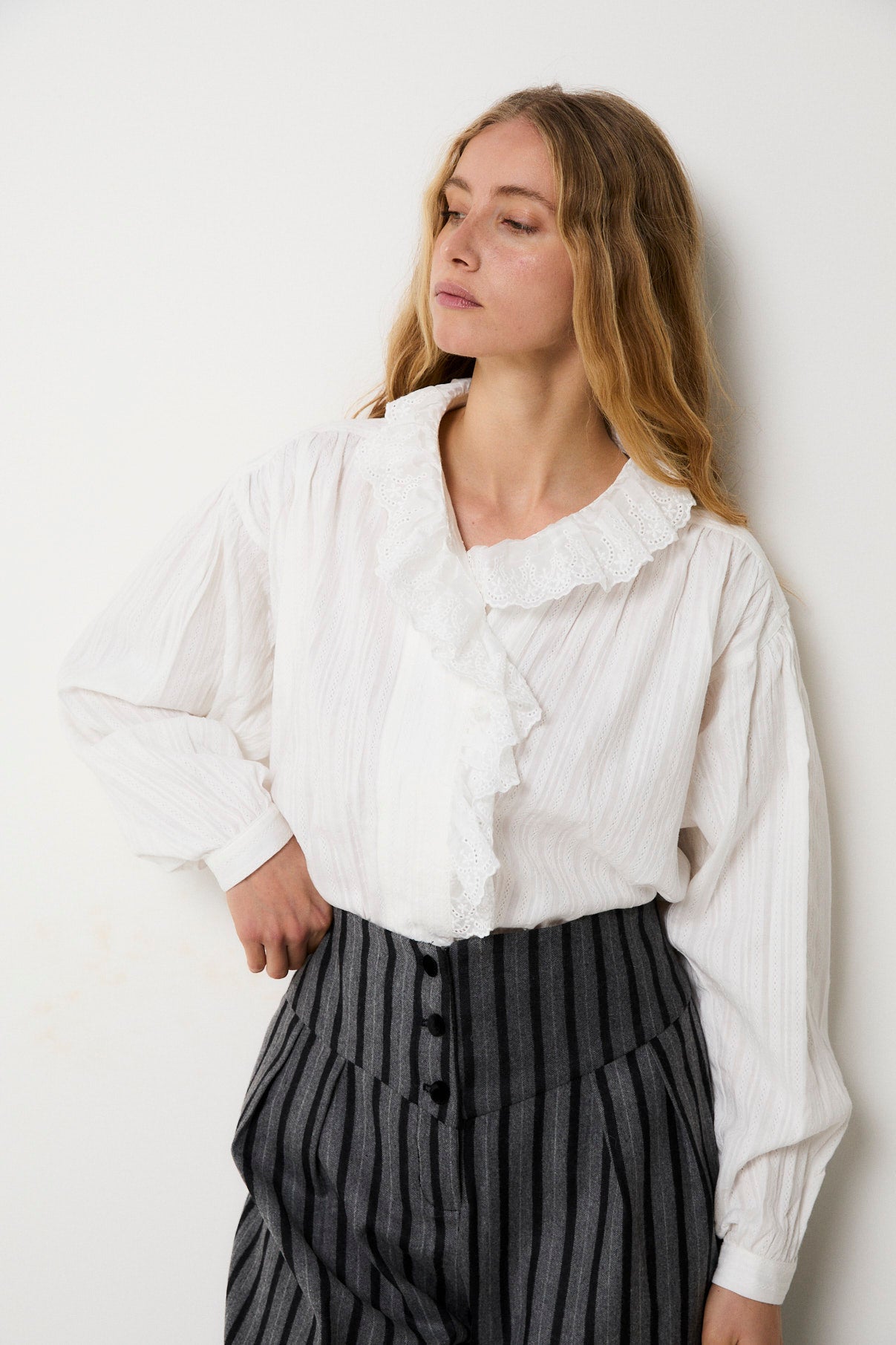 MARIBEL ECRU LACE TRIM BLOUSE