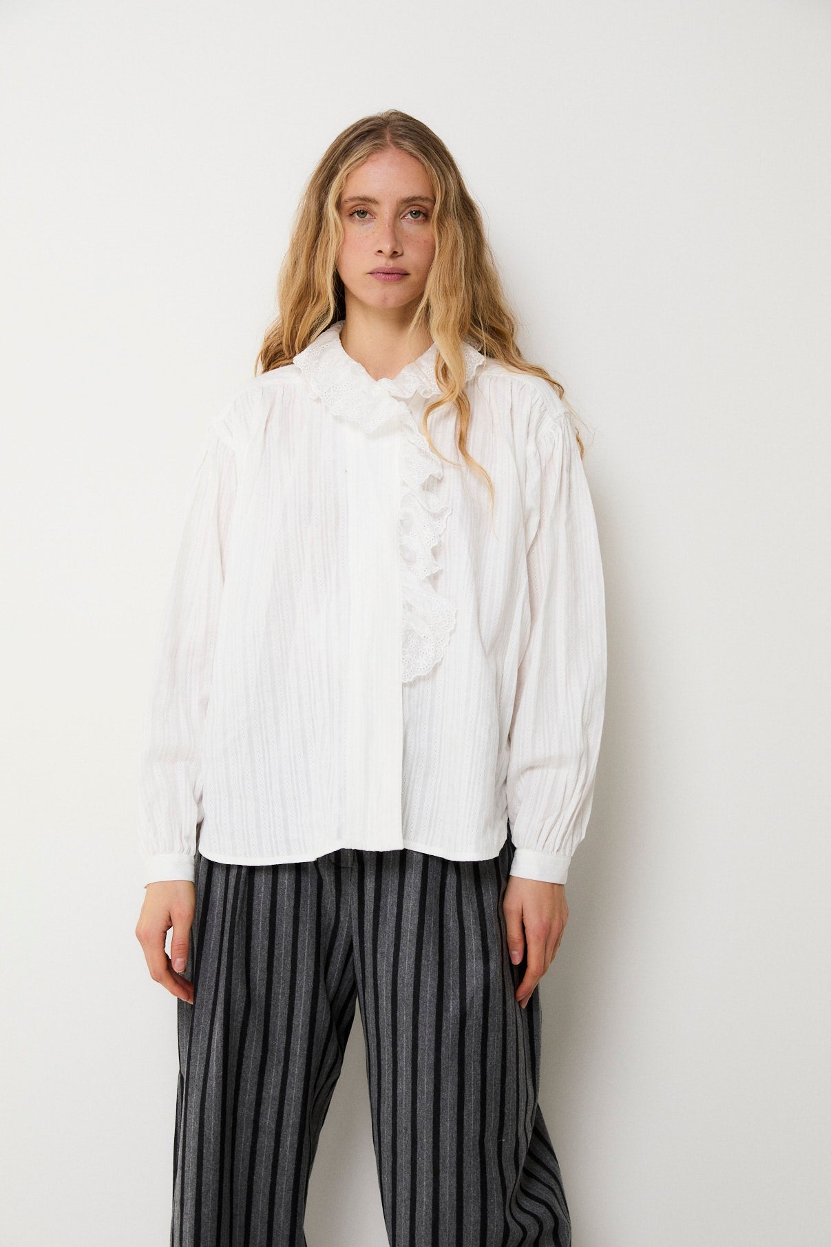 MARIBEL ECRU LACE TRIM BLOUSE