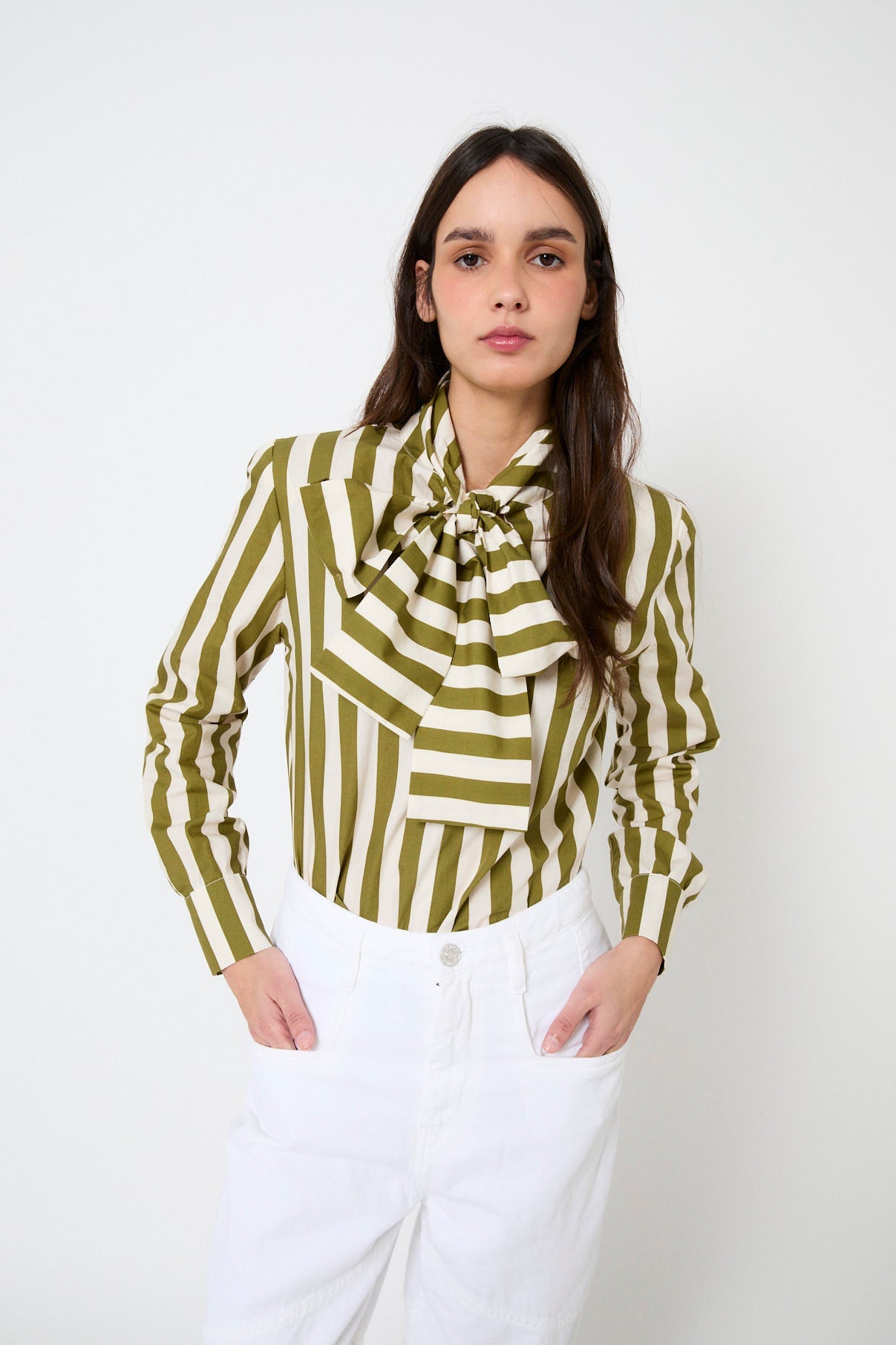 KHAKI STRIPED BOW BLOUSE