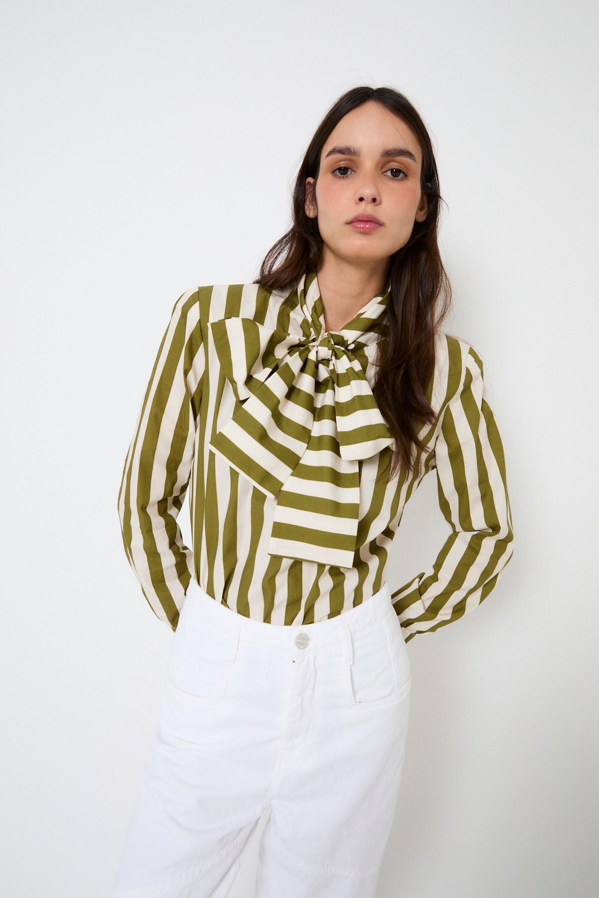 KHAKI STRIPED BOW BLOUSE