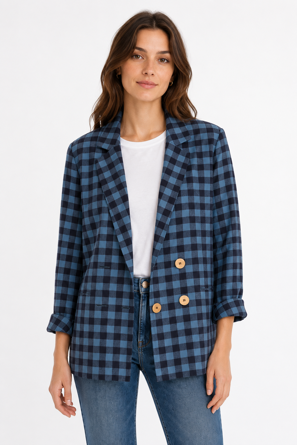 BLUE CHECK DOUBLE-BREASTED BUTTON JACKET