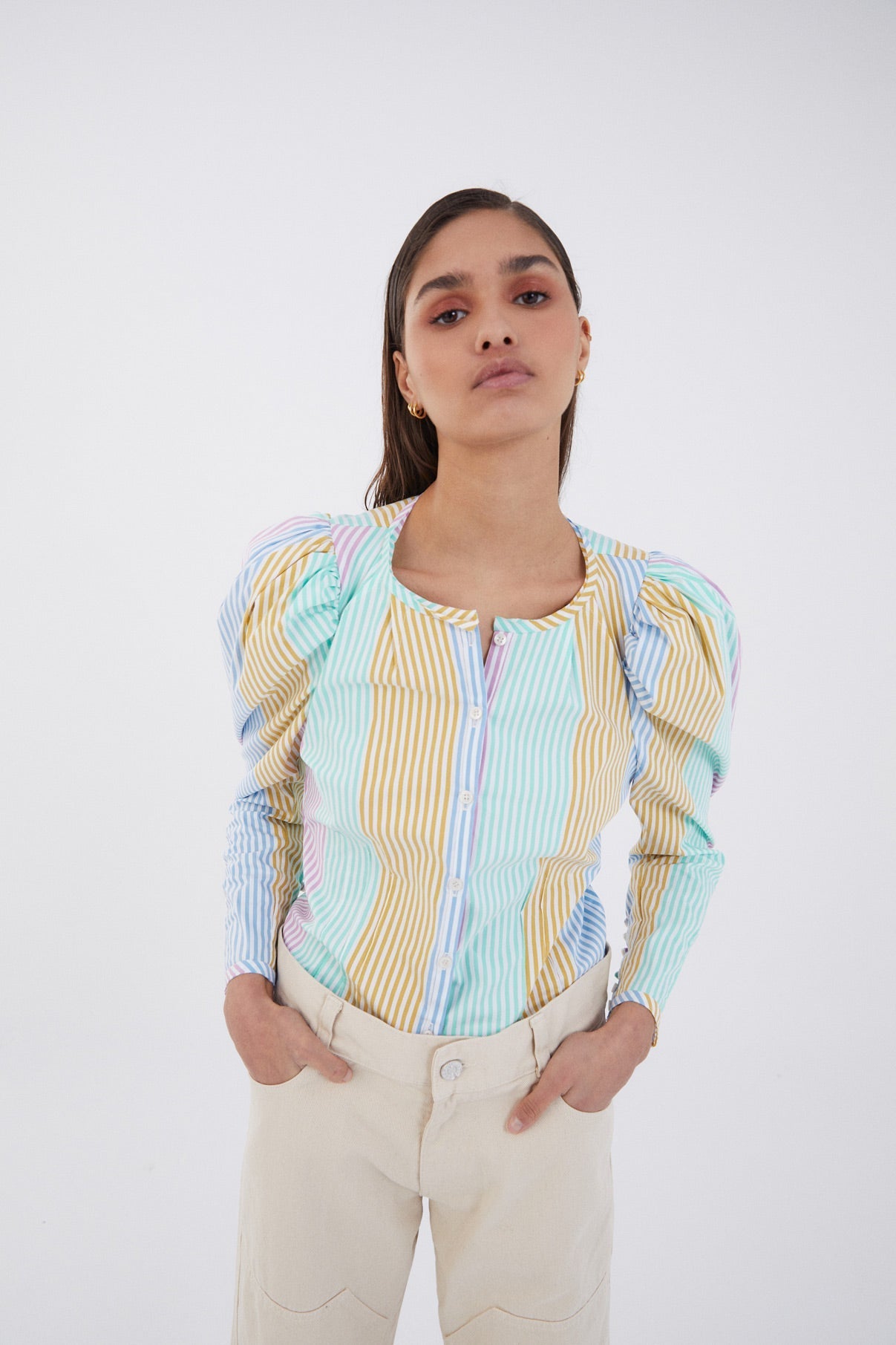 THREE-COLOR STRIPED FAROL BLOUSE
